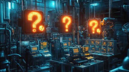 A futuristic AI-driven company planning a strategy, glowing question marks above each machine 