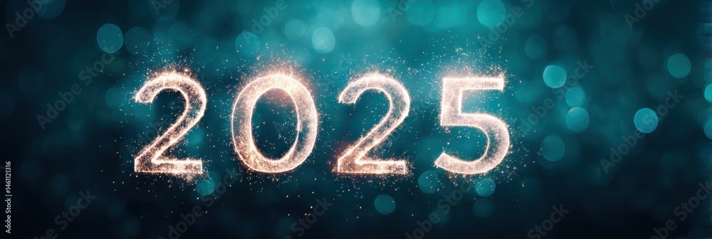 Poster futuristic new year 2025 celebration luminescent sparkler typography with ethereal teal bokeh - dyna