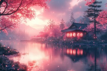 Fototapeta premium Lakeside house, lit, reflects in still water, cherry blossoms in soft light