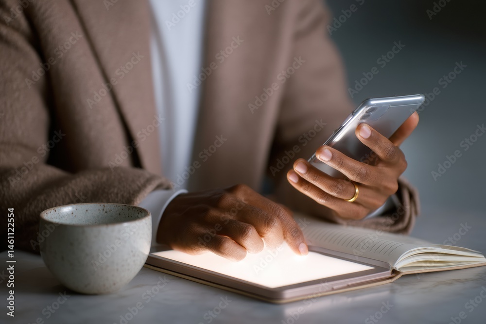 Aufkleber quiet focus minimalist workspace storytelling - digital nomad productivity aesthetic with soft light
