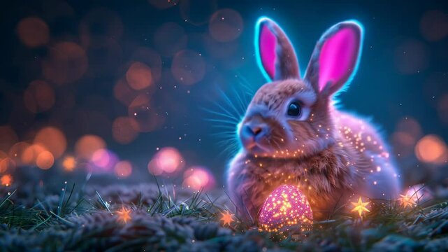 Cute bunny with glowing easter egg sits in grass. Festive easter concept with fairy lights and bokeh. Celebration and springtime, greeting card design.