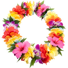 Vibrant Hawaiian Lei Colorful Hibiscus and Plumeria Flower Wreath isolated on Transparent Background