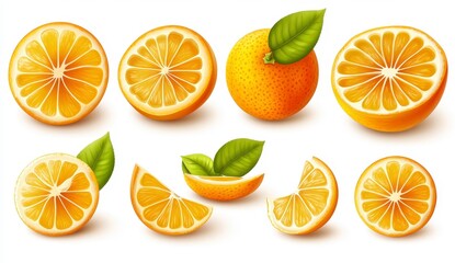 Fototapeta premium Collection of Ripe Orange Slices and Whole Oranges with Green Leaves on White Background