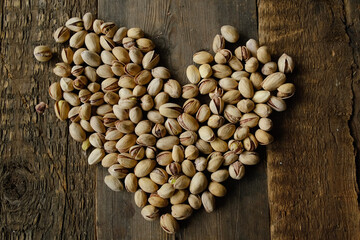 Heart made of roasted pistachios nuts on wooden background
