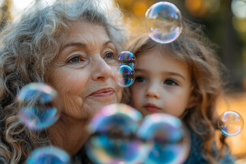 Generative AI Tender Moment Between Grandmother and Granddaughter Surrounded by Soap Bubbles
