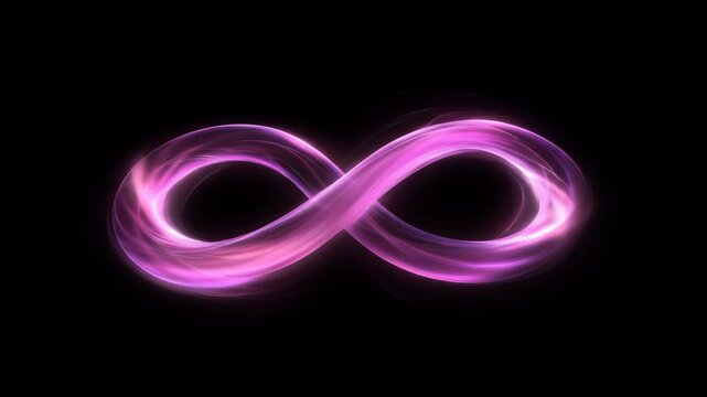 Pink infinity symbol on black background. Luminous endless sign shimmering for science project. Visual representation of eternity and continuity concept.