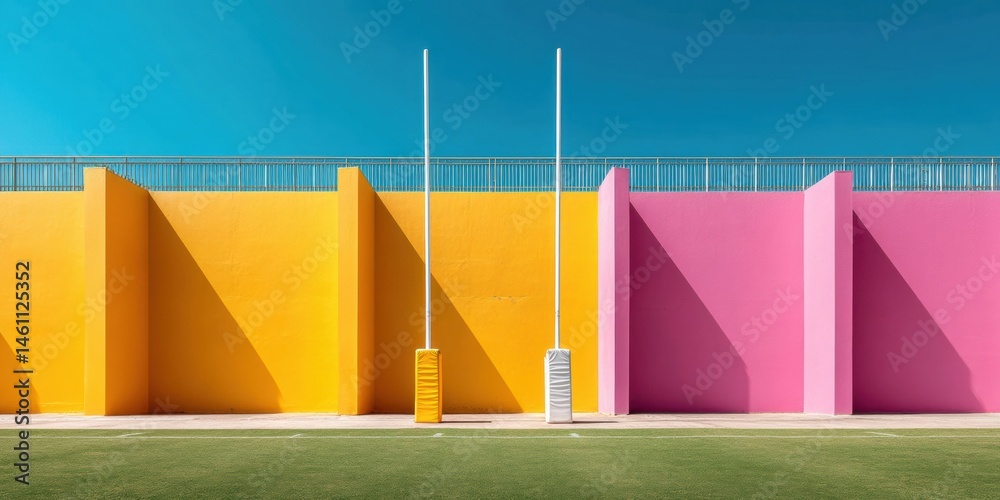 Poster minimalist stadium architecture vibrant color-block design reveals geometric rugby venue potential w