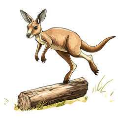 A Cartoon Kangaroo Jumping Over a Log Isolated on Transparent Background