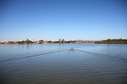 Distant view of boat on lake mulwala