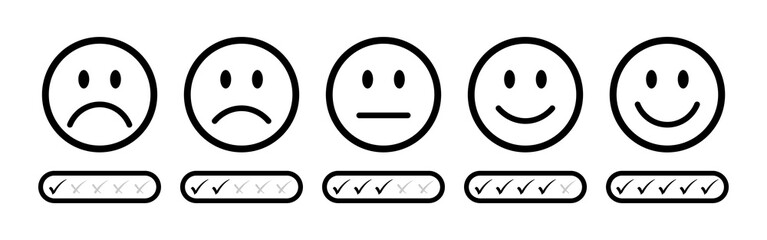 Emoji feedback scale using checkmarks for rating, from sad to happy faces. Ideal for professional surveys, assessments, evaluations, and UX design templates. Rating emoji, feedback emoji, icons.