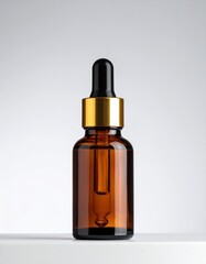 A sleek, amber glass bottle of CBD oil sits elegantly on a clean white surface, showcasing its dropper cap and rich, golden liquid inside.