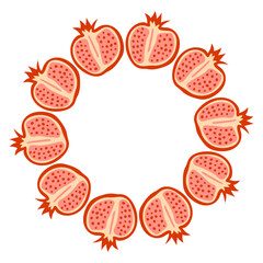 Round frame of halves of pomegranates in Hand drawn style.