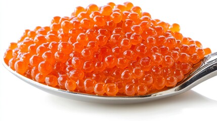 Close Up of Red Caviar on a Silver Spoon Against a White Background