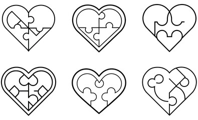 simple line art icons of hearts divided into puzzle pieces
