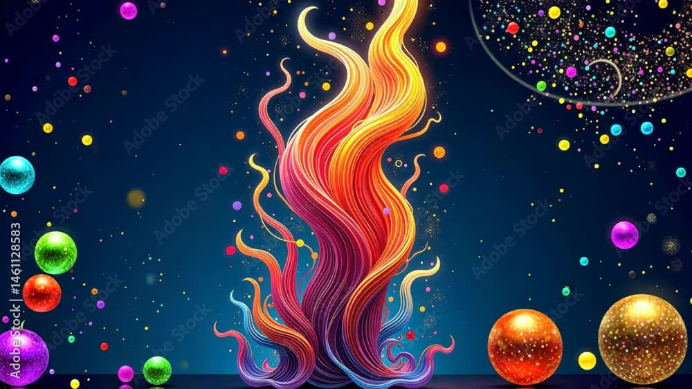 Poster a colorful fire with many different colors. the fire is surrounded by many different colored balls. 