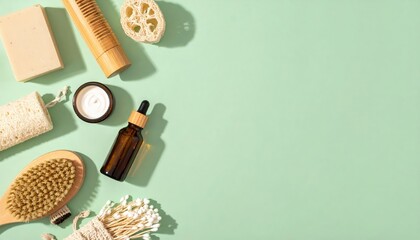 A collection of colorful essential oil bottles, artisanal soaps, and natural wellness items artfully arranged on a vibrant green background, evoking tranquility.