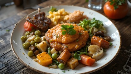 a healthy meal on a wooden table with lighting that gives a calm and warm impression