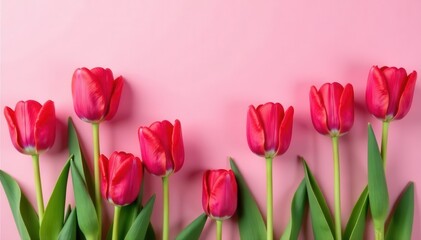 Fototapeta premium Pink backdrop, vibrant tulips overhead, copy space , colorful, spring flowers, design element