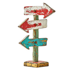 Png of Vintage wooden directional signpost with red, white, and blue arrows, creating a charming rustic feel.
