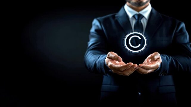 Businessman holding copyright symbol on dark background, showing importance of intellectual property, copyright protection, ip rights in business world