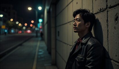 Asian man  in leather jacket upset leaning against concrete wall at night, city street light, severe mood, harsh shadows