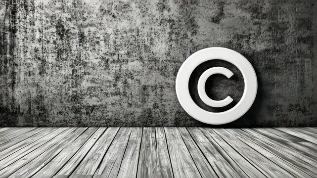 3d white copyright symbol on gray wall and wooden floor background, showing strong message of intellectual property, copyright protection, ip rights ownership