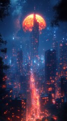 Obraz premium Vast futuristic cityscape under a crimson moon.