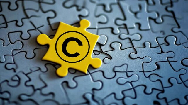 Yellow puzzle piece with letter c inside circle, showing how intellectual property, copyright protection, ip rights are important pieces in creative business