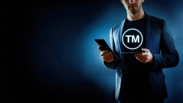Businessman holding tablet with tm symbol floating, showing power of trademarks under intellectual property, copyright protection, ip rights in branding