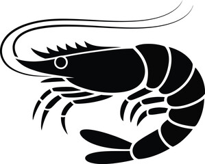 Elegant black and white vector illustration of a stylized shrimp on a white background