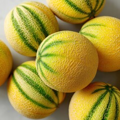 Cantaloupe Melon Still Life: A captivating still life of ripe cantaloupe melons, showcasing their bright yellow skin with intricate green stripes, suggesting a burst of flavor and summer refreshment.