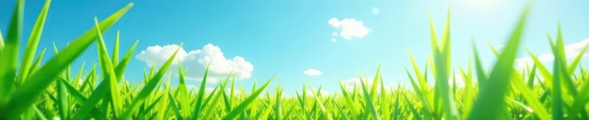 Obraz premium Sky view through tall grass blade, copy space , minimal, calm