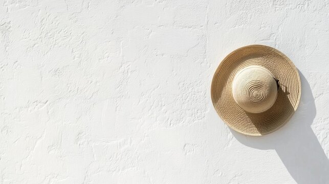 Straw hat hanging on a white wall. the hat is round and has a wide brim with a spiral design on the front.