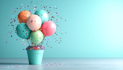 Colorful balloons in a pot, confetti bursts