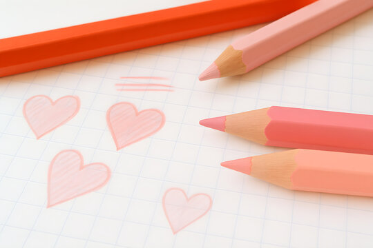 pink pencils, hearts, crush, love, scribbles, school, notepad, sheet, paper, in love, lovesickness, boredom, art, supplies, romantic, feeling, emotions,, objects