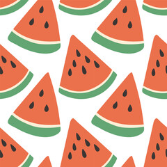 Watermelon summer pattern on white background. Simple seamless pattern with watermelon slices. Vector design for greeting card and invitation of seasonal summer holiday