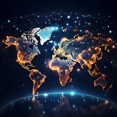 A digital world map with illuminated connections, representing global network links and modern technology in a high-tech design.