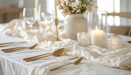 Elegant tablescape with crinkled ivory linen runner, gold flatware, clear crystal vases, and minimalist candleholders