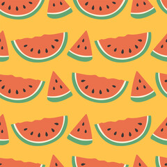 Watermelon summer pattern on yellow background. Simple seamless pattern with watermelon slices. Vector design for greeting card and invitation of seasonal summer holiday