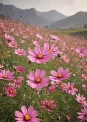 Fototapeta premium Pink cosmos flowers sway gently in a summer field , garden, detail, beauty