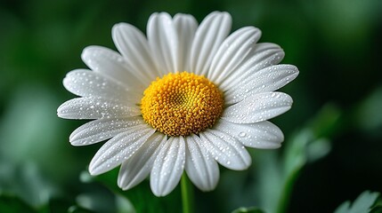 Fototapeta premium Close-up of a white daisy with dew drops, yellow center, green background