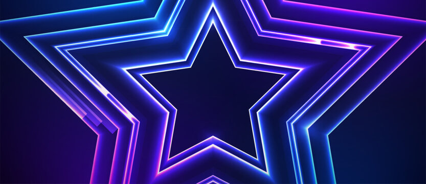 Glowing neon star layers with futuristic 3D light effects abstract background