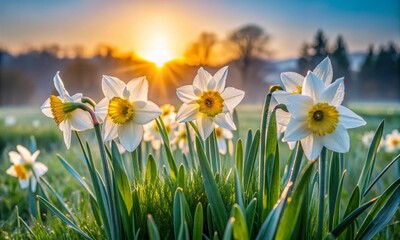 Fototapeta premium White and Yellow Daffodils in Dewy Green Grass at Sunrise