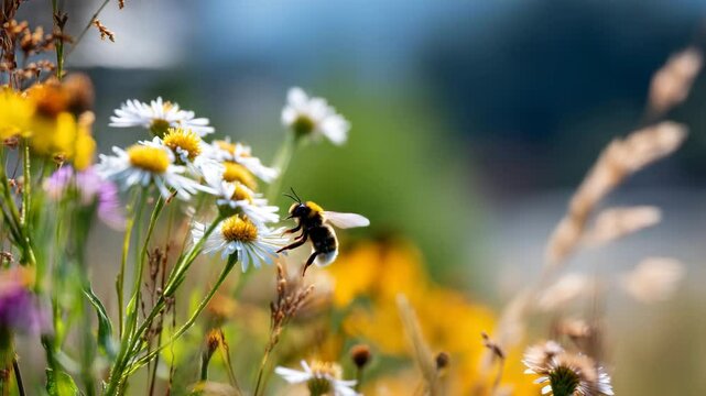 A busy honey bee hovers over bright wildflowers, showcasing the beauty of nature and the importance of pollinators in our ecosystem and food production.