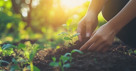 Fototapeta premium Hand-planting seeds in soil with sunlight shining on the ground and green plants growing