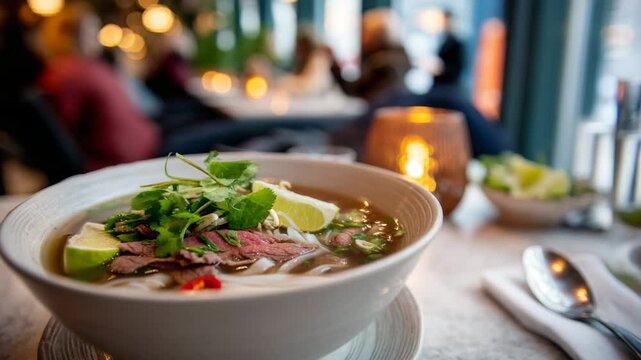 A steaming bowl of pho filled with tender meat and fresh herbs exemplifies the richness of Vietnamese cuisine and the cultural significance of communal eating.