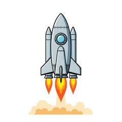 Obraz premium Cartoon rocket launching with flames and smoke isolated on white background