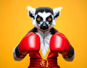 Obraz premium Ring-Tailed Lemur Boxer in Red Boxing Gloves on Yellow Background