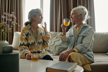 Two senior women sitting on a sofa and drinking from glass cups while engaging in deep conversation in a cozy living room