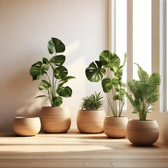 Obraz premium A serene minimalist room with a sunlit wall, wooden floors, and plants in wooden pots,